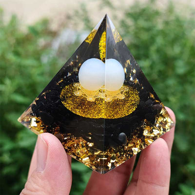 Olivenorma White Agate Sphere with Obsidian Orgone Pyramid