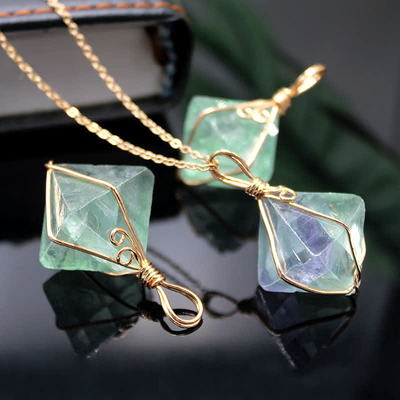 Olivenorma Natural Fluorite Octahedron Gemstone Necklace