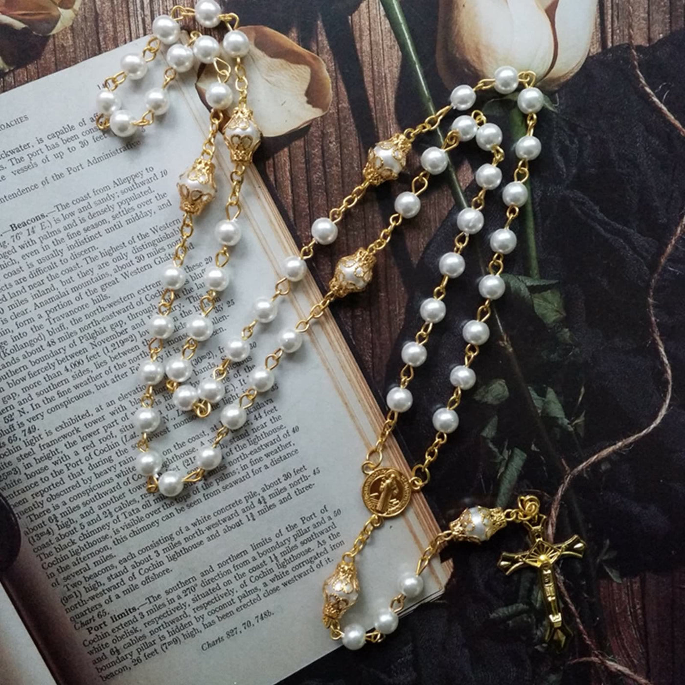 Olivenorma Faux Pearl Cross Pendant Rosary Beads Necklace