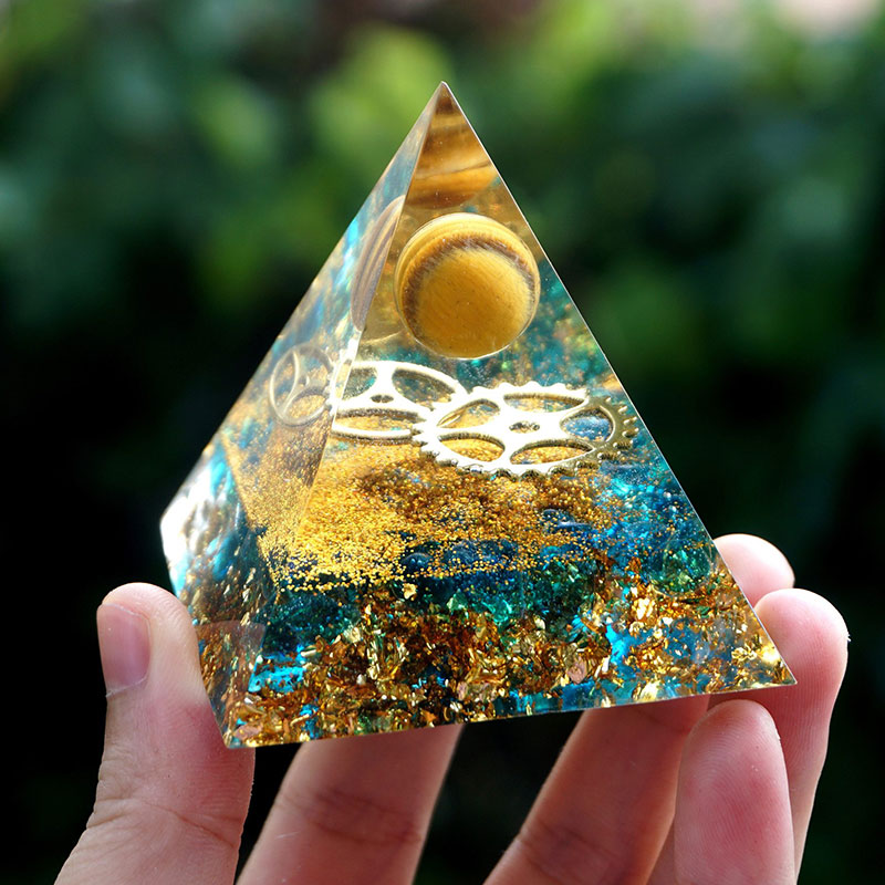 Olivenorma Tiger Eye Sphere With Blue Quartz Orgone Pyramid