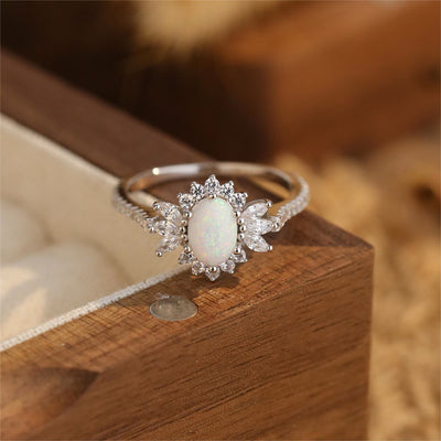 Olivenorma White Blue Opal Sunflower Design 925 Silver Ring