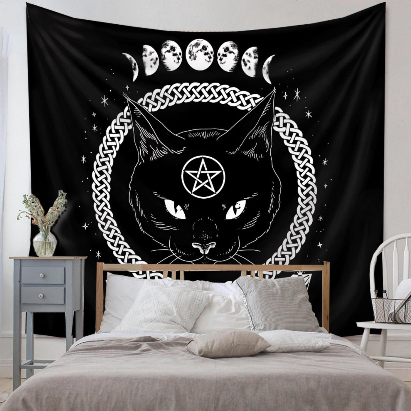 Olivenorma Black Cat Witch Moon Phase Pattern Tapestry