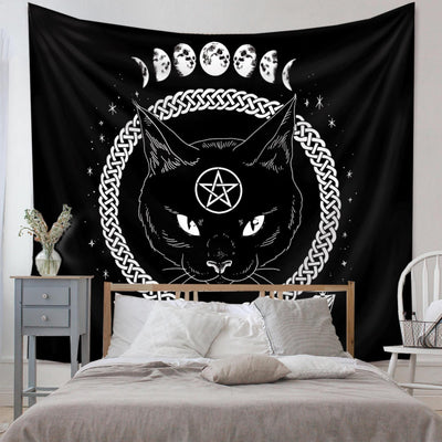 Olivenorma Black Cat Witch Moon Phase Pattern Tapestry