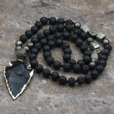 Olivenorma Obsidian Lava Stone Arrow Pendant Mala Necklace