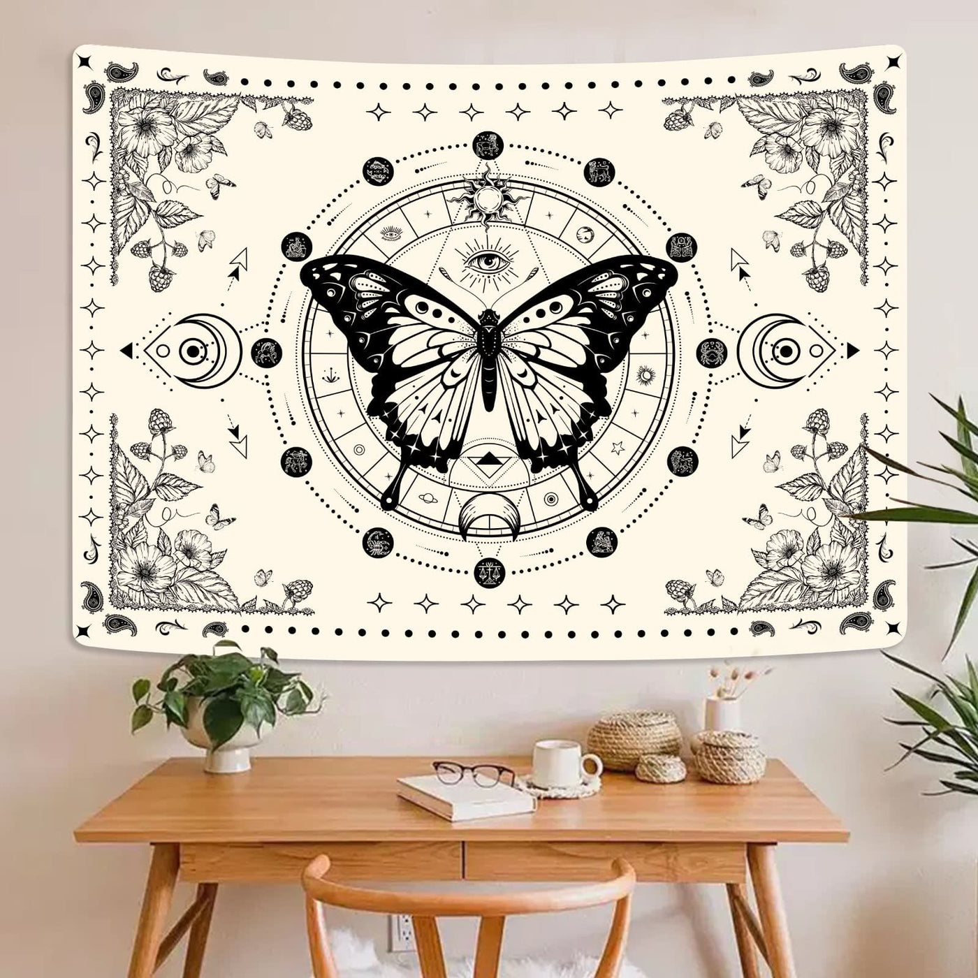 Olivenorma Black Butterfly Moon Flower Beige Tapestry