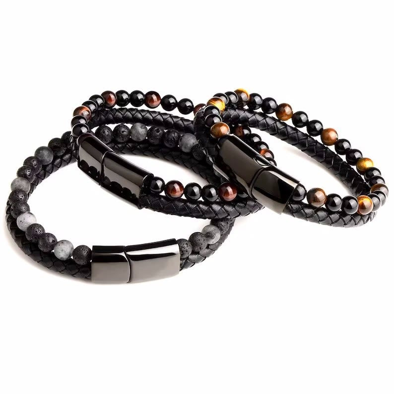 Olivenorma Natural Tiger Eye Leather Rope Double Layer Bracelet