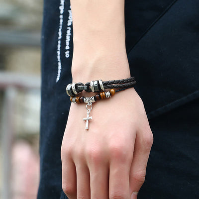 Olivenorma Adjustable Multi Layered Braided Woven Leather Cross Bracelet