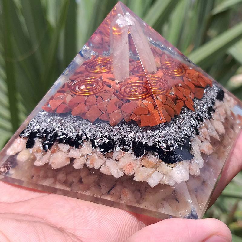 Olivenorma Clear Crysatl Pillar With Sun Stone Orgone Pyramid