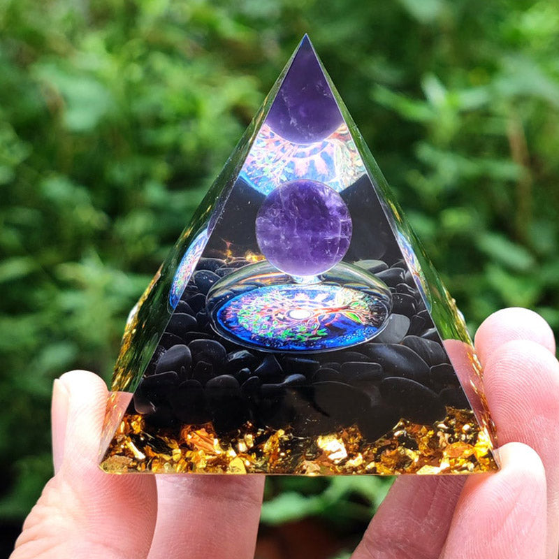 Olivenorma Amethyst Crystal Sphere with Obsidian Natural Crystal Orgone Pyramid