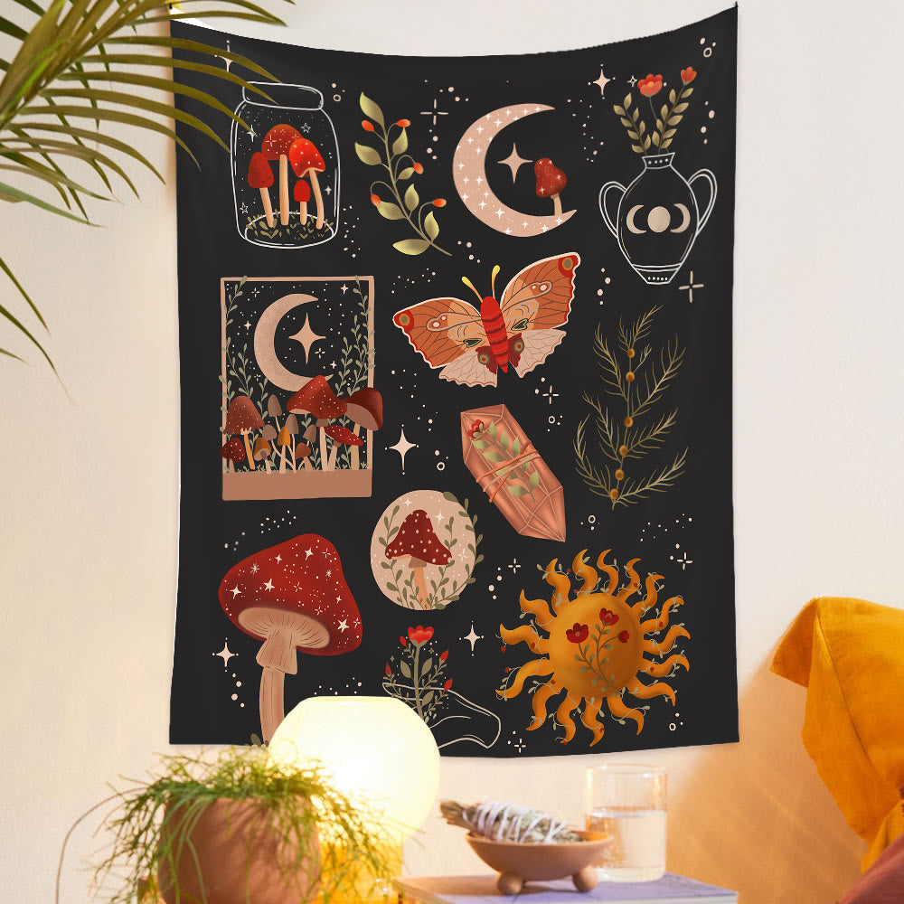 Olivenorma Butterfly Mushroom Sun Pattern Tapestry