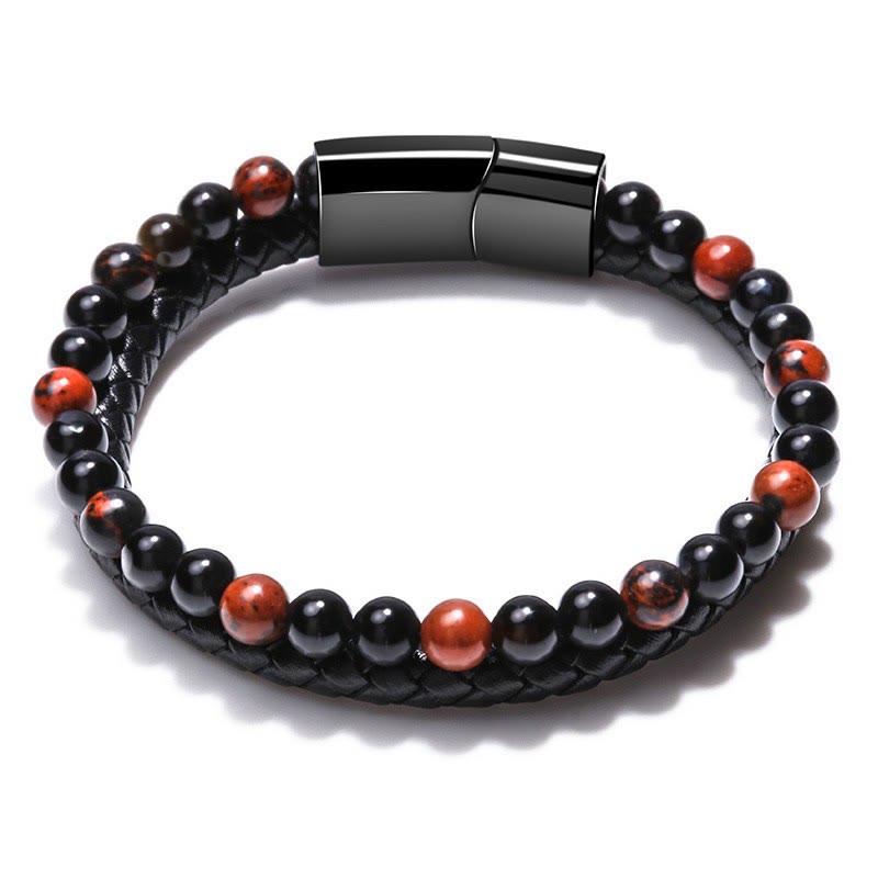 Olivenorma Mens Beaded Leather Two Layer Bracelet