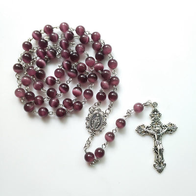 Olivenorma Purple Cat's Eye Stone Cross Rosary Necklace - image 4