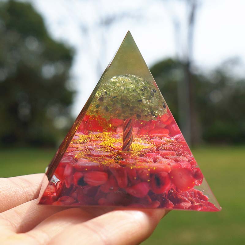 Olivenorma Peridot With Red Coral Tree Of Life Orgone Pyramid