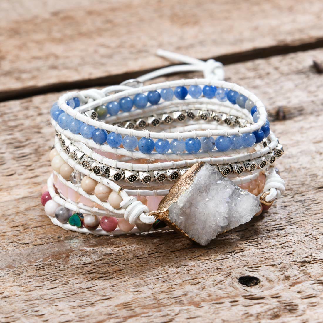 Olivenorma Rose Quartz Kyanite Boho Handmade Wrap Bracelet