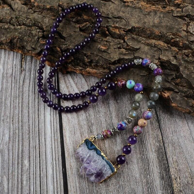 Olivenorma Rainbow Fluorite Amethyst Emperor Labradorite Mala Beaded Necklace