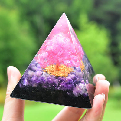 Olivenorma Tree of Life Amethyst Obsidian with Pink Crystal Orgone Pyramid