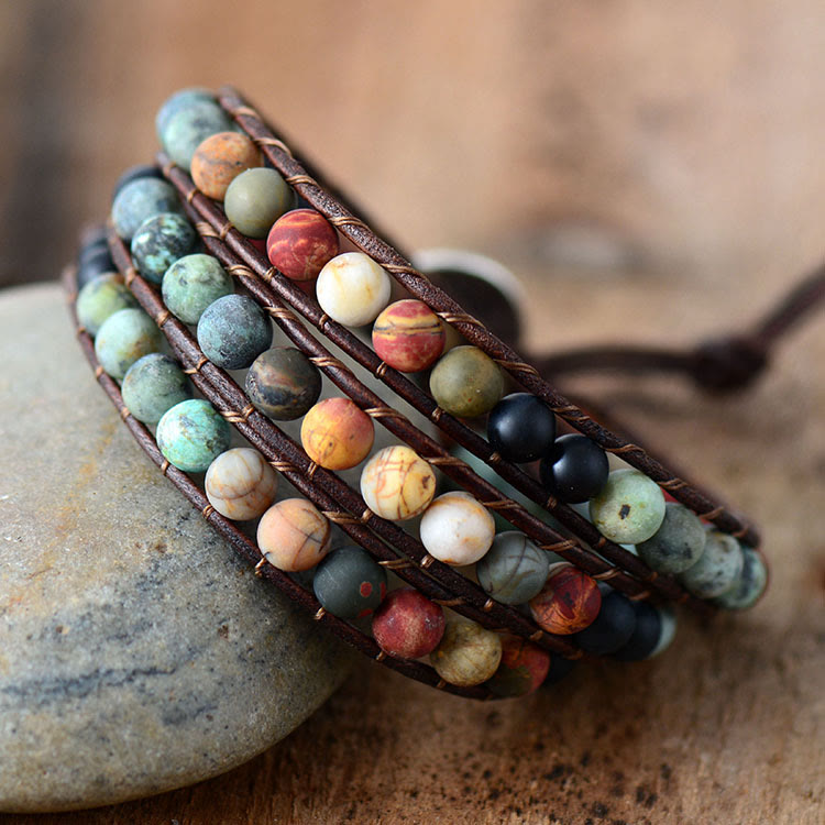 Frosted Turquoise Beaded Handwoven Leather Wrap Bracelet