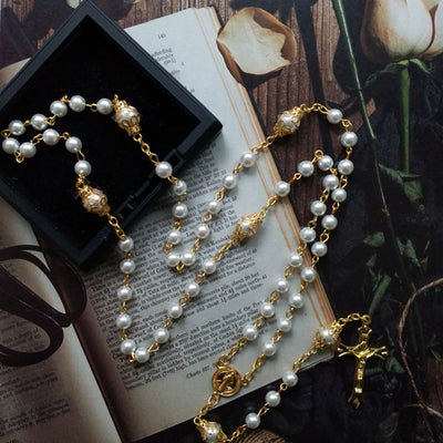Olivenorma Faux Pearl Cross Pendant Rosary Beads Necklace - image 2