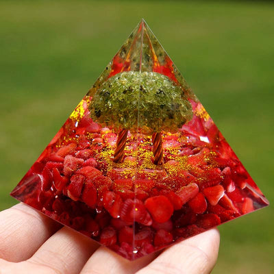 Olivenorma Peridot With Red Coral Tree Of Life Orgone Pyramid