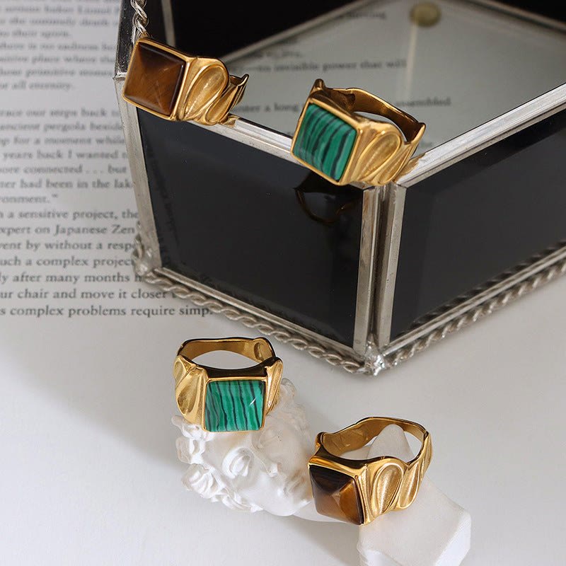 Olivenorma Square Malachite Tiger Eye Gold Silver Titanium Ring