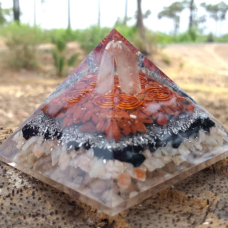 Olivenorma Clear Crysatl Pillar With Sun Stone Orgone Pyramid