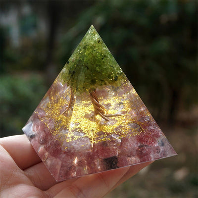 Olivenorma Tree of Life Peridot and Strawberry Quartz Orgone Pyramid