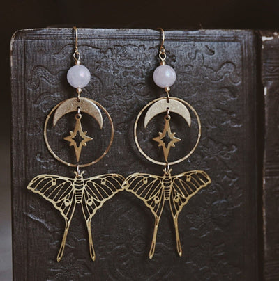 Olivenorma Natural Rose Quartz Star and Moon Moth Earrings