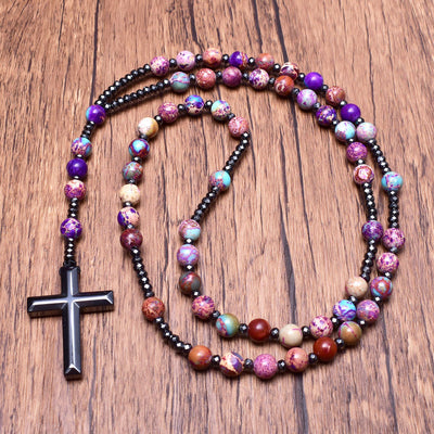 Olivenorma Natural Stone Cross Pandant Rosary Necklace