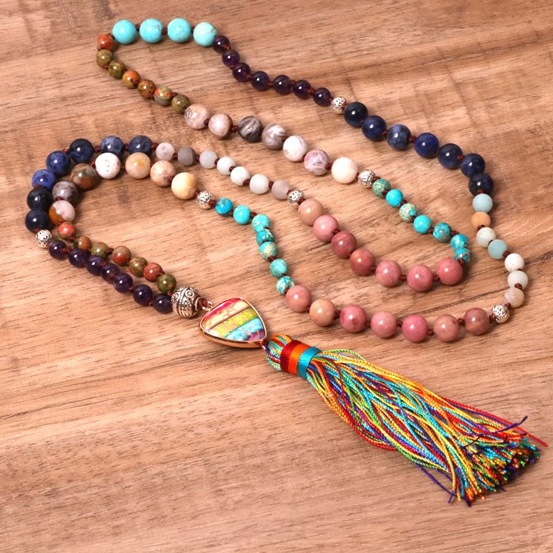 Olivenorma Gorgeous Natural Stones Chakra Triangle Pendant Mala Necklace