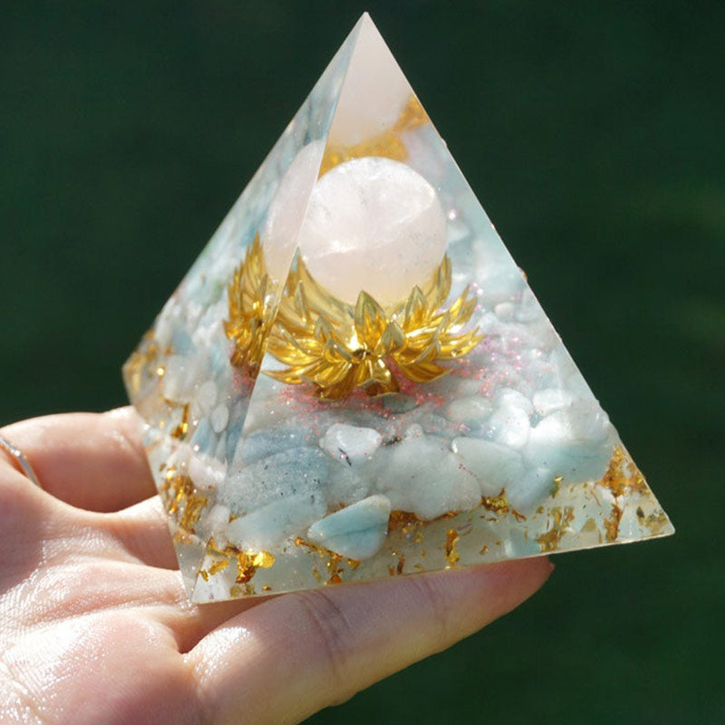 Olivenorma Aquamarine Rose Quartz Lotus Symbol Orgone Pyramid