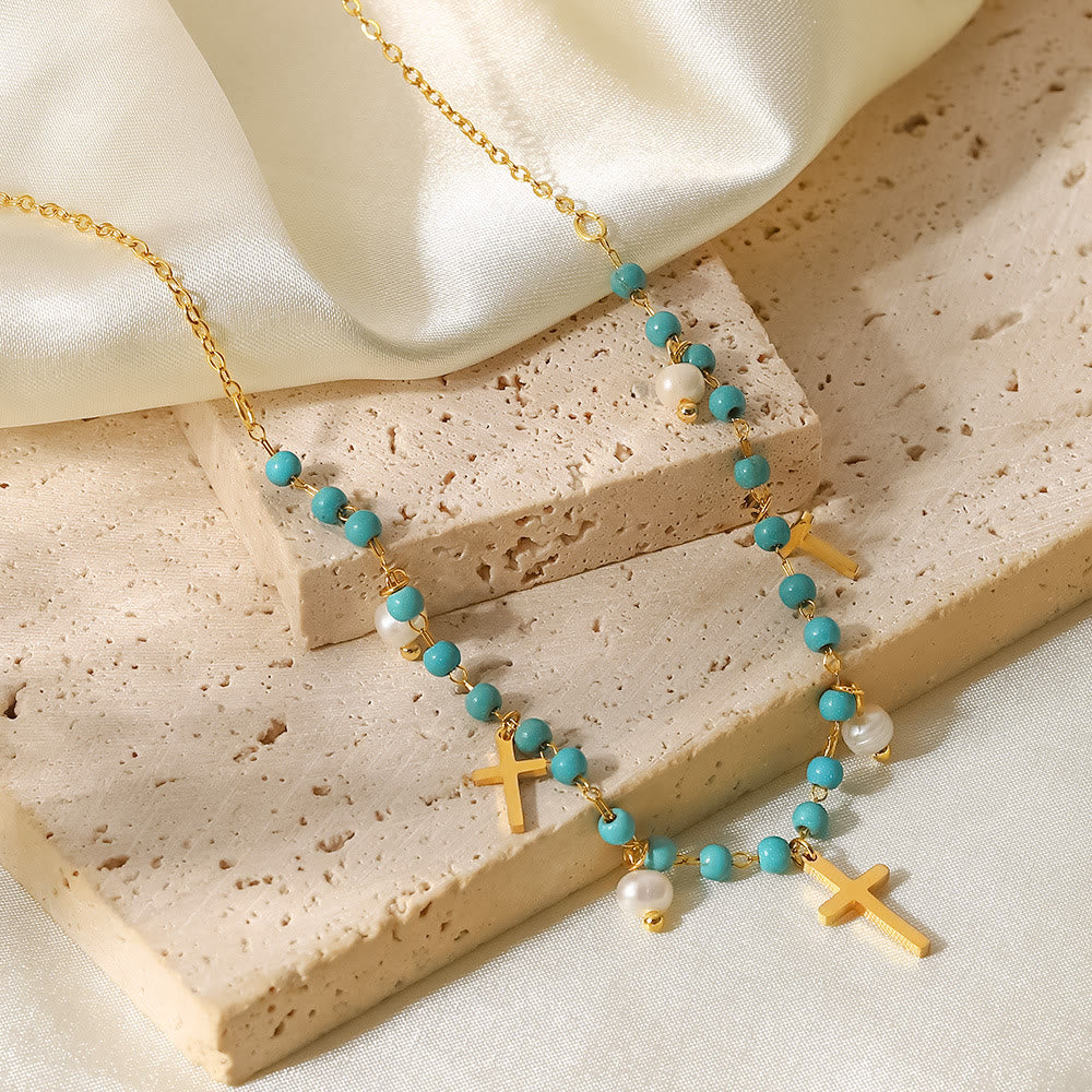 Olivenorma Turquoise Pearl Cross Pendant Tassel Necklace