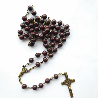 Olivenorma Wood Rosary Copper Cross Pendant Necklace