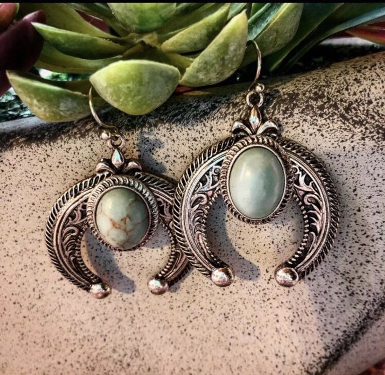 Olivenorma Carved Crescent Turquoise Earrings