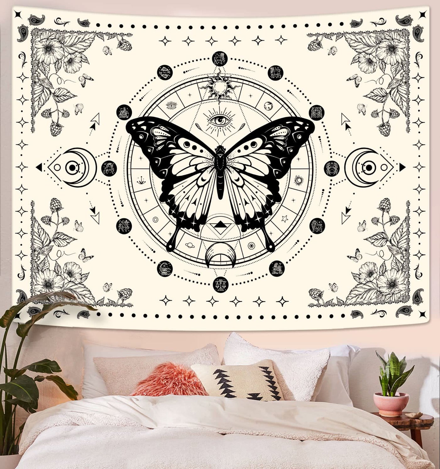 Olivenorma Black Butterfly Moon Flower Beige Tapestry