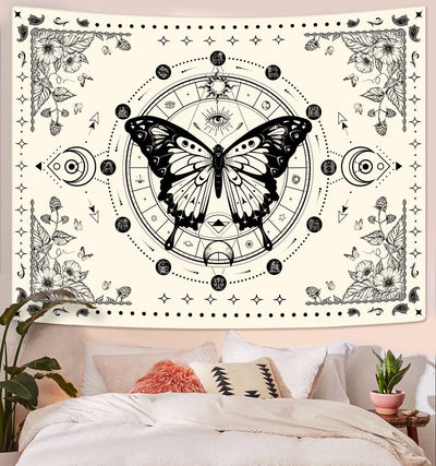 Olivenorma Black Butterfly Moon Flower Beige Tapestry