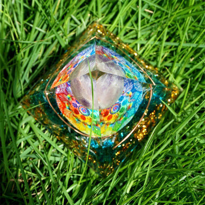 Olivenorma Amethyst Crystal Sphere with Blue Quartz Orgone Pyramid