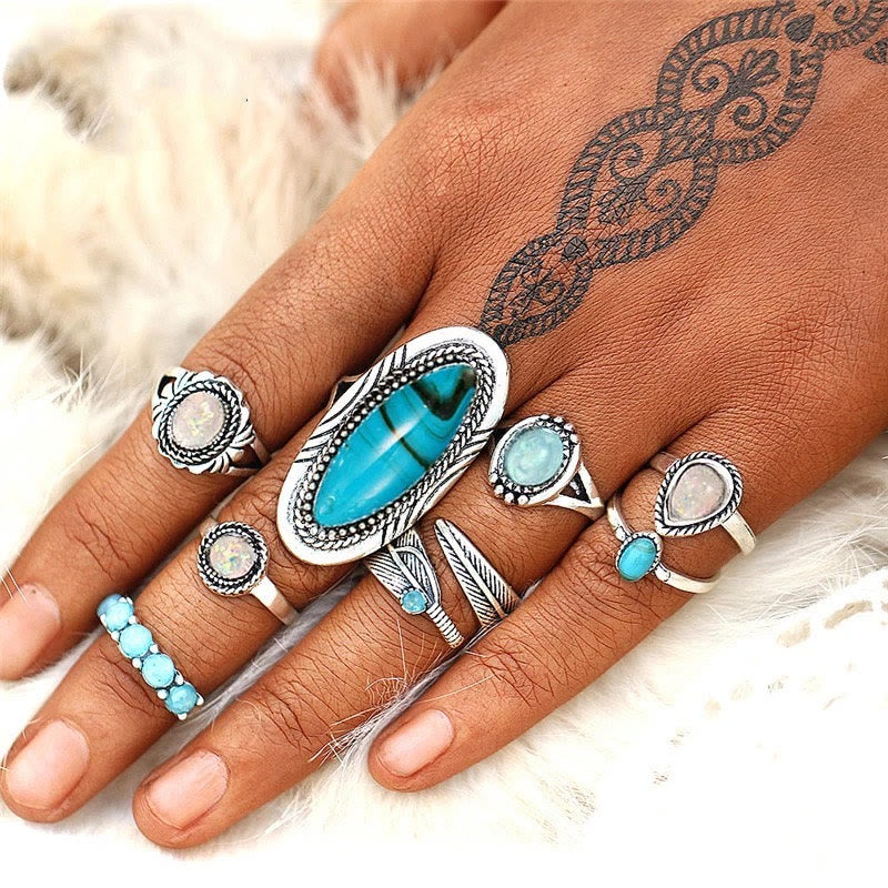 Olivenorma Opal Turquoise Elephant Leaf 8-Piece Ring Set