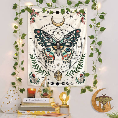 Olivenorma Boho Butterfly Moth Flower Moon Phase Tapestry