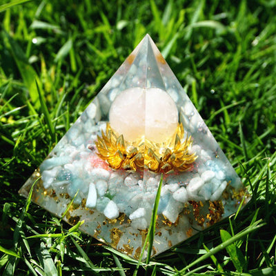 Olivenorma Aquamarine Rose Quartz Lotus Symbol Orgone Pyramid