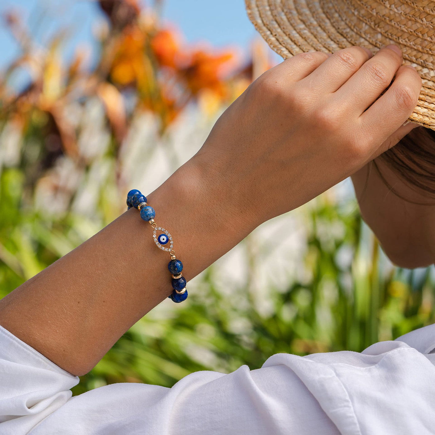 Olivenorma "Mood & Energy Protection" Lapis Lazuli Beaded Evil Eye Bracelet