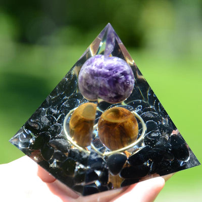 Olivenorma Amethyst Sphere With Obsidian Tiger Eye Orgone Pyramid