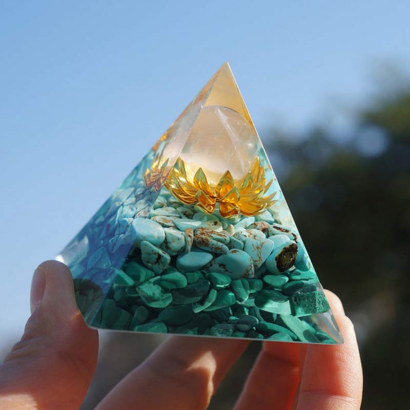 Olivenorma Clear Crystal Turquoise Malachite Lotus Symbol Orgone Pyramid