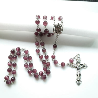 Olivenorma Purple Cat's Eye Stone Cross Rosary Necklace - image 2