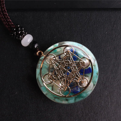 Olivenorma Amazonite Lapis Lazuli Pearl Metatron's Cube Pendant Necklace