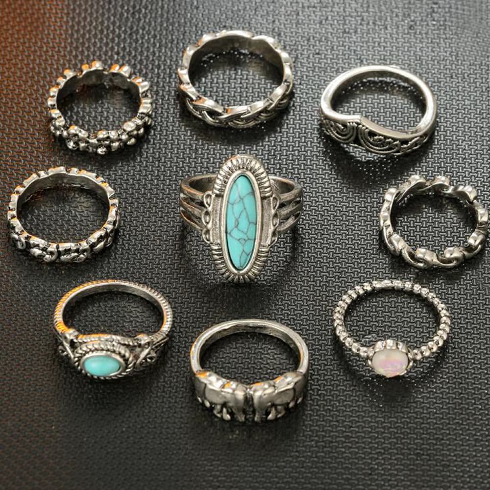 Olivenorma Opal Turquoise Elephant Leaf 8-Piece Ring Set