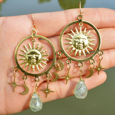 Olivenorma Natural Raindrop Crystal Gold Sun Moon Star Earrings