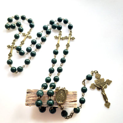 Olivenorma Malachite Copper Cross Pendant Rosary Necklace