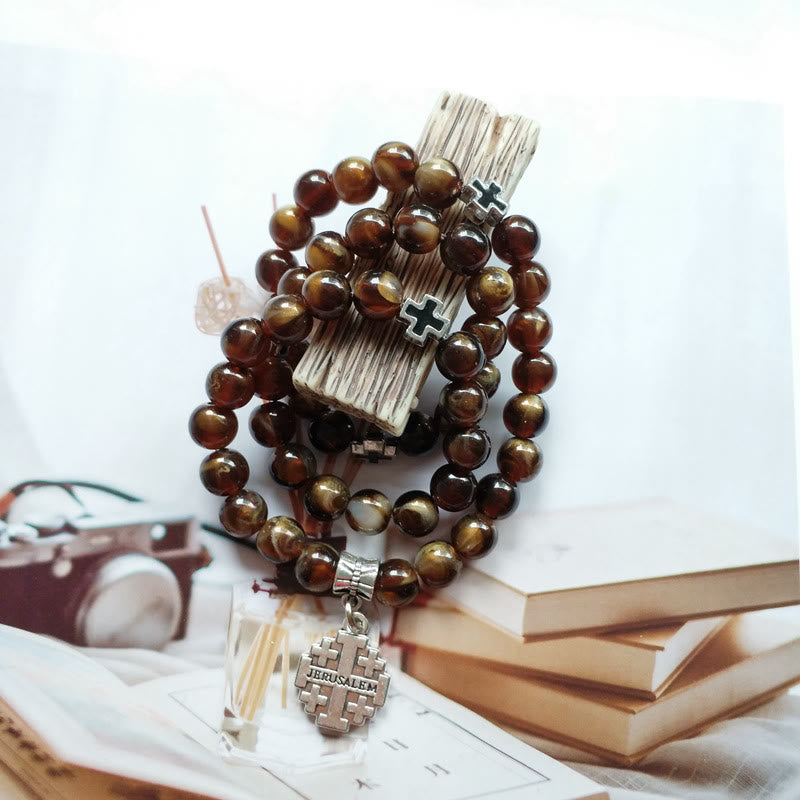 Olivenorma Tiger Eye Cross Pendant Rosary Bracelet