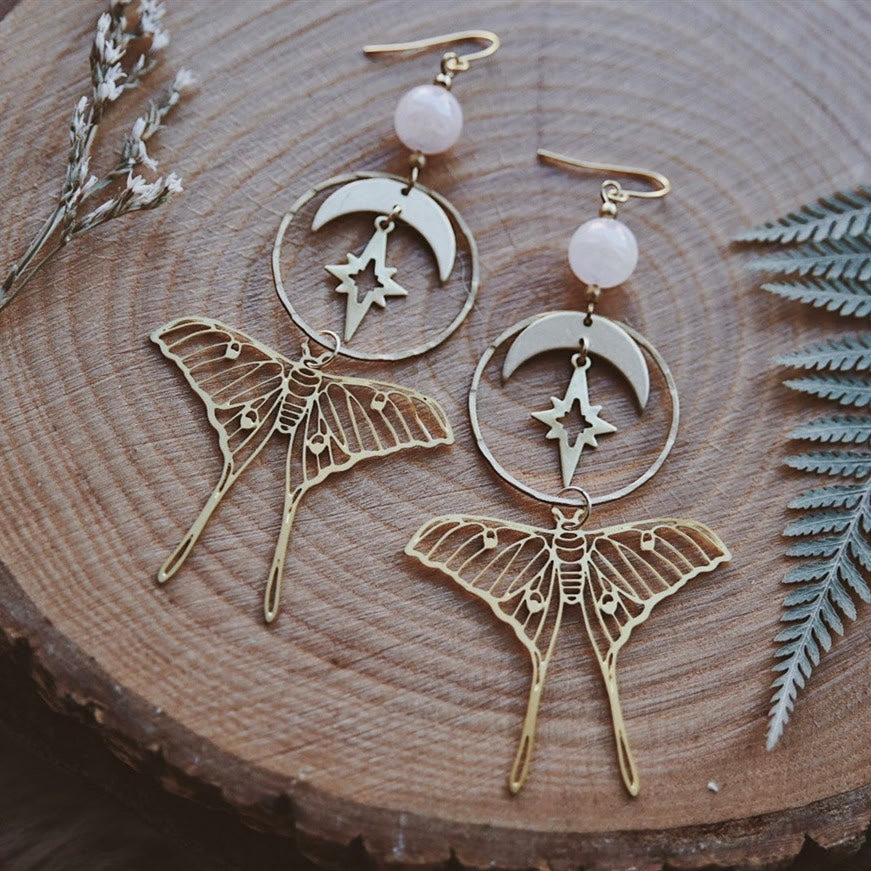 Olivenorma Natural Rose Quartz Star and Moon Moth Earrings