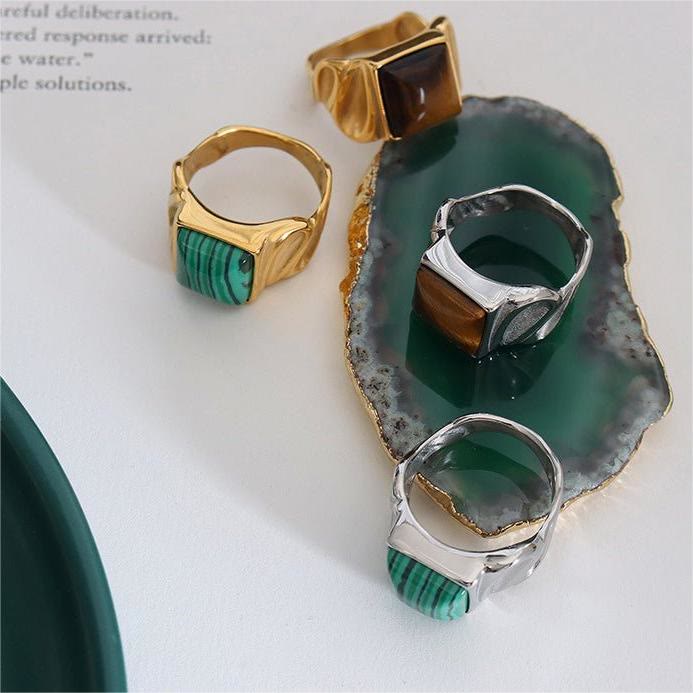 Olivenorma Square Malachite Tiger Eye Gold Silver Titanium Ring